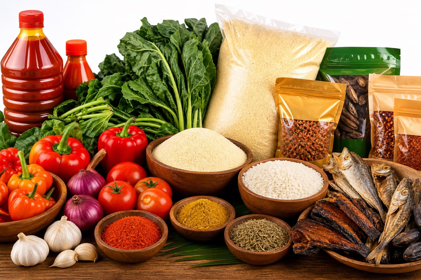 A spread of Nigerian groceries — Maggi, palm oil, garri, indomie, fresh yam and vegetables